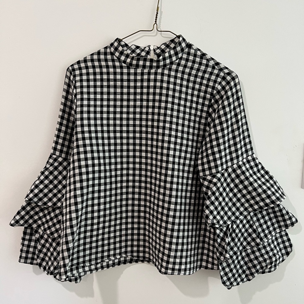 Checkered Zara Blouse with Tiered Sleeves